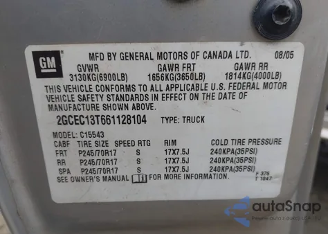 2006 Chevrolet Silverado 1500 Lt3 from USA, damaged, VIN 2GCEC13T661128104